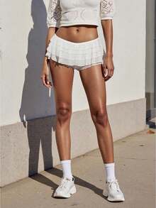 Womens Layered Ruffle Bloomers Bow Low Rise Mini Under Shorts For Dresses Summer Clothes - White - View 1