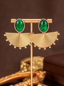 1 Đôi bông tai thời trang cổ điển cao cấp, thanh lịch, hình quạt hình học phóng đại, đính nhựa màu xanh lá cây, thiết kế cá nhân hóa. - màu xanh lá - Xem 3