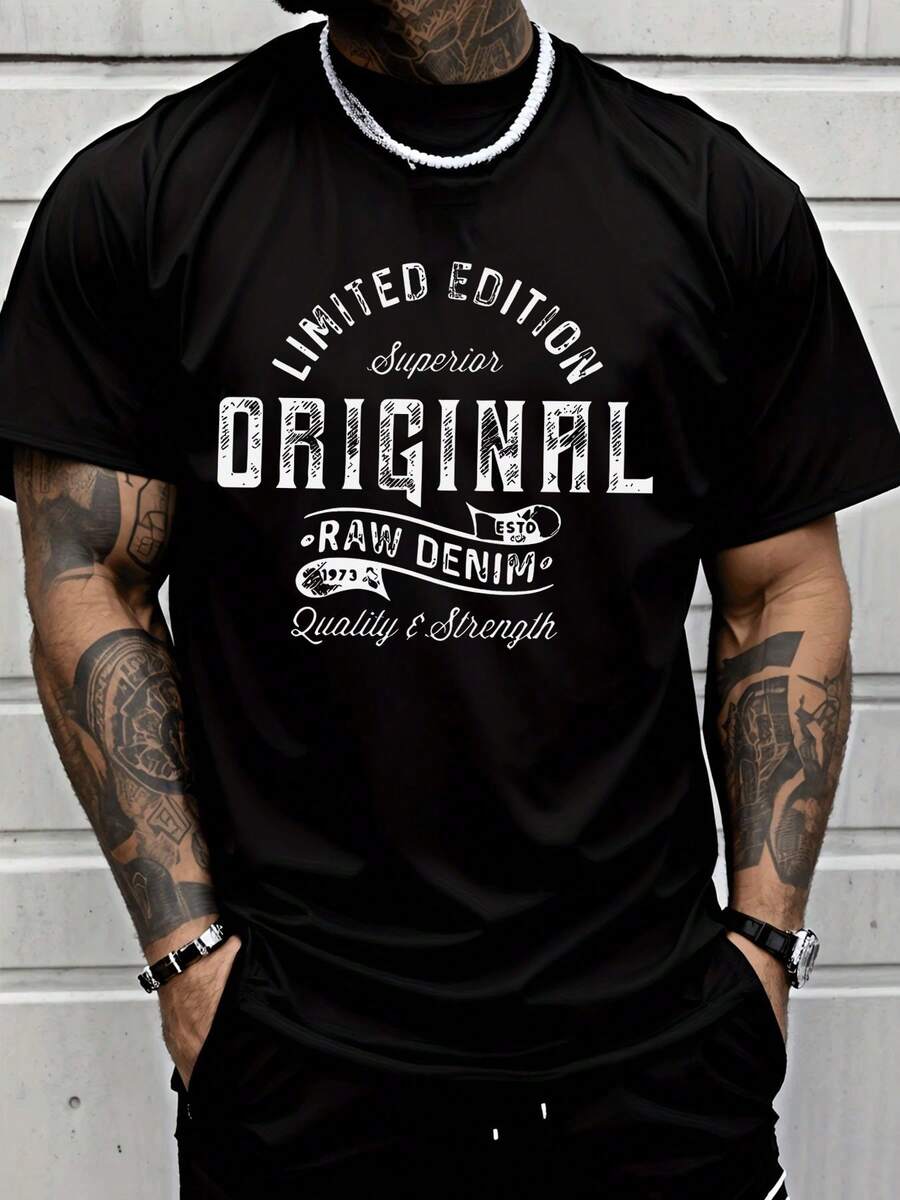 Men's Original Graphic T-Shirt With Limited Edition Superior Raw Denim Print (ESTD 1973) - Lightweight Breathable Wrinkle-Resistant Streetwear Tee Suitable For Casual, Gym, & Outdoor - Machine Washable All-Season Wear For Men & - 黑色 - 查看 1