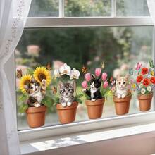 1/2 miếng dán cửa sổ hình cây cảnh hoa mùa xuân và mèo, thỏ dễ thương, làm bằng nhựa PVC, hai mặt, có thể tái sử dụng, thích hợp cho phòng khách, nhà bếp, lớp học, văn phòng và trang trí nhà cửa. - Nhãn dán cửa sổ - Xem 3