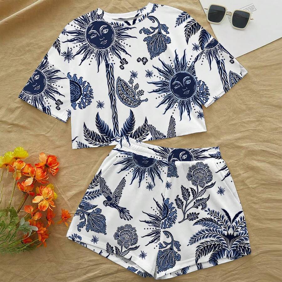 Bộ đồ nữ 2 món họa tiết lá cây toàn thân, phong cách boho thường ngày, có túi, thích hợp đi biển, nghỉ mát hoặc mặc hàng ngày. - Xanh và trắng - Xem 1