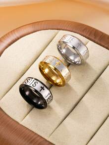 1 pieza Anillo de acero inoxidable con letra de Jesús grabada, no se desvanece, adecuado para uso diario o de fiesta de mujeres - anillo - Ver 1
