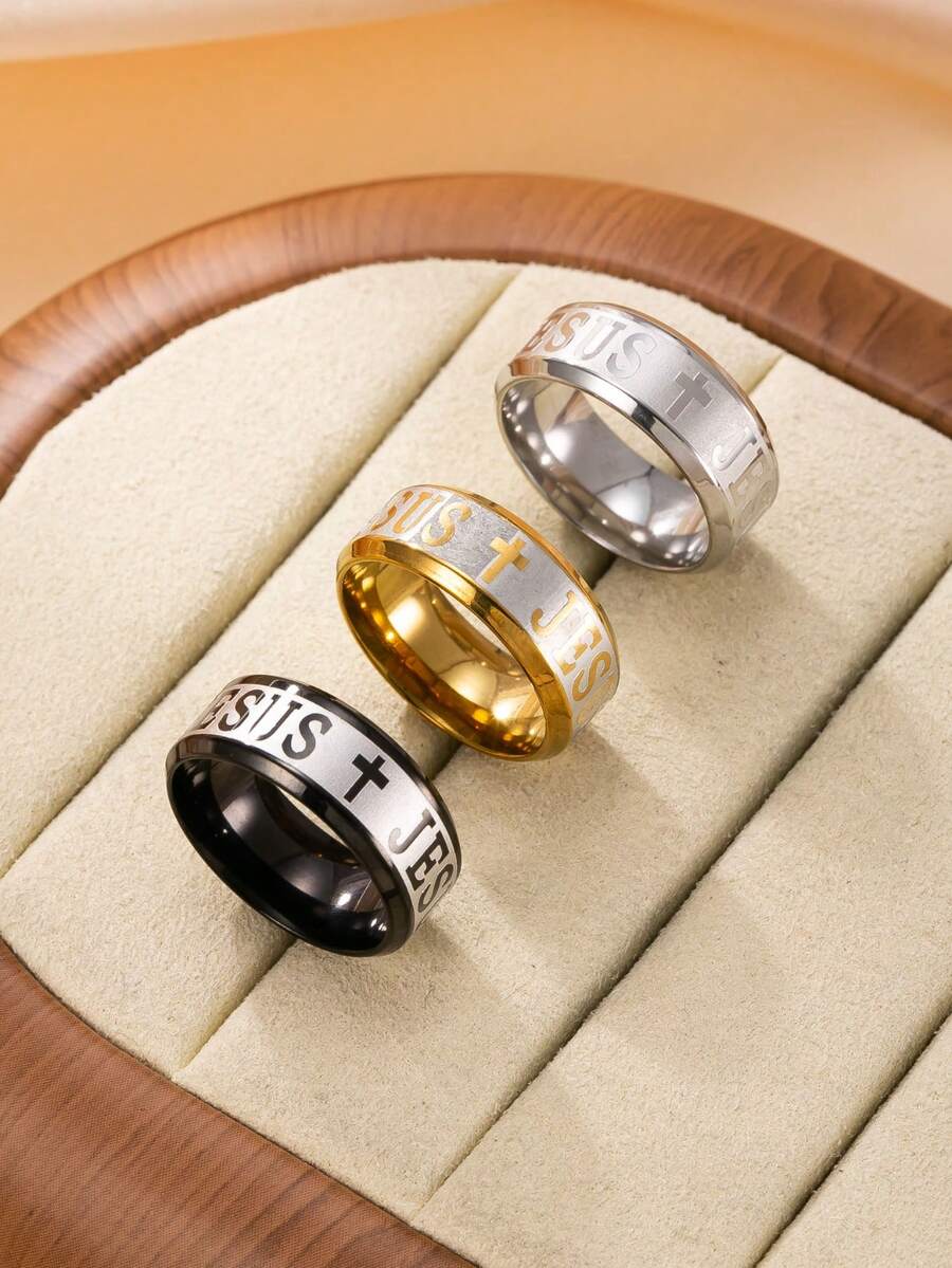 1 pieza Anillo de acero inoxidable con letra de Jesús grabada, no se desvanece, adecuado para uso diario o de fiesta de mujeres - anillo - Ver 1