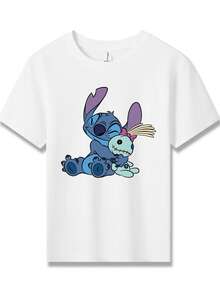 Disney Stitch Hugging Angel Printed Pattern T-Shirts For Girls - Children's Clothing Design Short-Sleeved Casual And Cute Style Comfortable And Casual Wear All Year Round Suitable For Parties And Play Machine Washable Gift Children's Clothing Girls' Short-Sleeved Shirts - 白色 - 查看 2