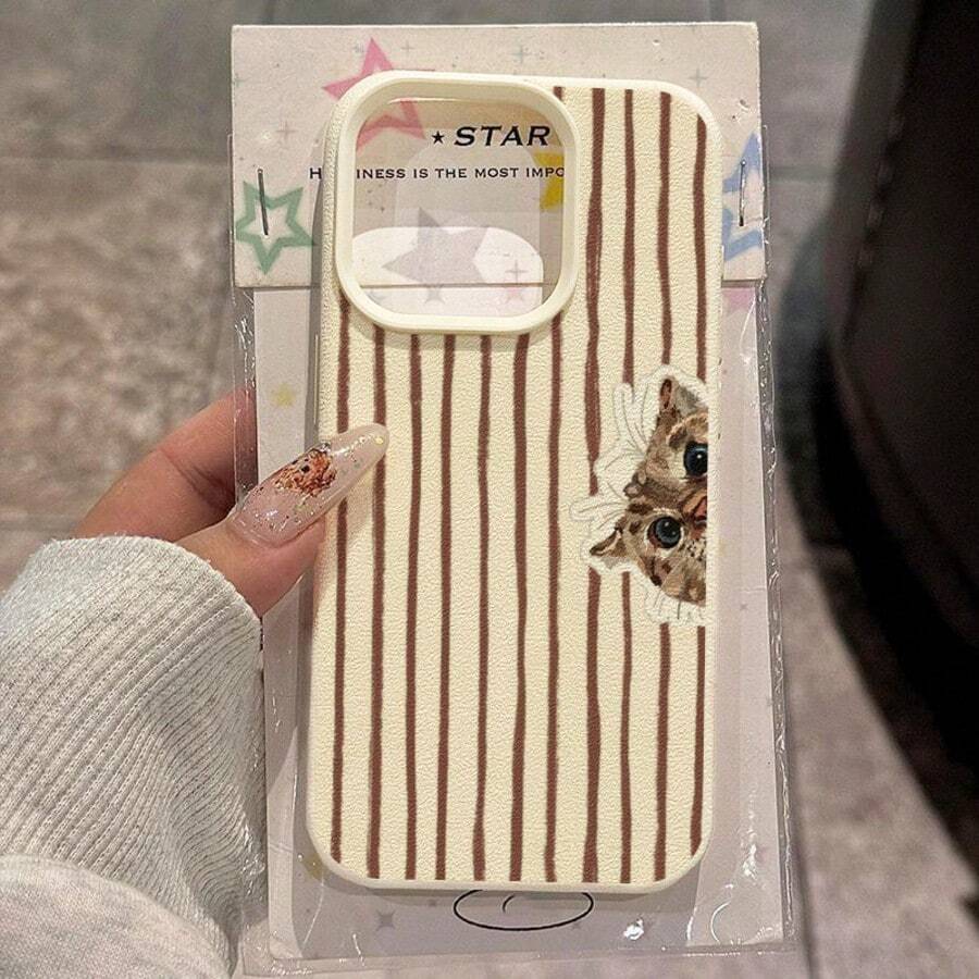 1 pieza Funda de teléfono con patrón de gato a rayas de material TPU compatible con iPhone 17 Pro Max/17/16 Pro Max/15/13/12/11, S20 FE/A15/S24/A55, Note 11/Note 12/Note 13 Pro, cobertura completa, protección suave anti-caídas - Blanco - Ver 1