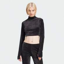Adidas Women's VELVET CROP TOP, Celebrity Same Style Velvet Slim Fit Long Sleeve T-Shirt - Black - View 1
