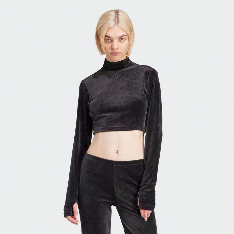 Adidas Women's VELVET CROP TOP, Celebrity Same Style Velvet Slim Fit Long Sleeve T-Shirt - Black - View 1