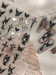 1片装暗黑十字复古热银色心形星星月亮天使翅膀美甲贴纸 5D哥特神秘美甲贴花 自粘美甲装饰贴片 女士 - 彩色 - 查看 9