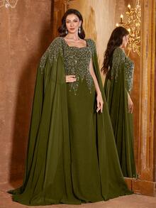 UNITHORSE Women's Square Neck Extra Long Sleeve Embroidered Fitted Linen Formal Dress Vacation Wedding Party Fall - Olive Green - View 6