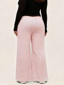 Womens Plus Size Wide Leg Pants Drawstring Waist Striped Loose Fit Trousers - Pink - View 5