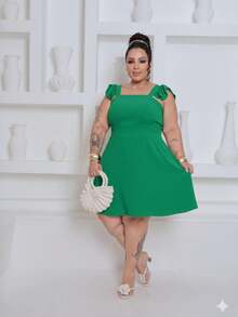 Plus Size Short Dress In Duna Fabric With Ruffled Straps And Elastic Back, Lined, Sizes GG G2 - 綠旗 - 查看 2