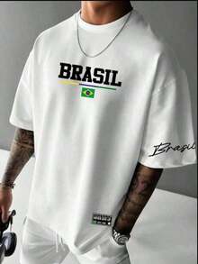 Men's Streetwear T-Shirt With Brazil Print, Cotton - White - View 1