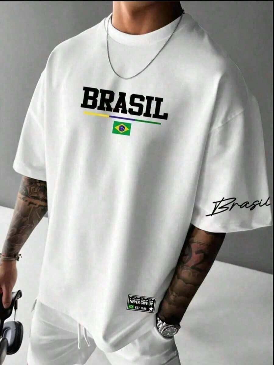 Men's Streetwear T-Shirt With Brazil Print, Cotton - White - View 1