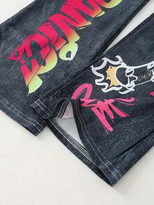 Tween Girls Denim Effect Print Flared Graffiti Letter Casual Comfortable Leggings - Multicolor - View 5