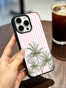 1PC+Compatible With IPhone 17/16 Pro Max/15 Plus/14 Pro+Fresh Vacation+Lychee Pattern Material+Phone Protective Case+Ins Seaside Style+Pink And White Stripes+Palm Tree Pattern+All Inclusive Anti Fall+Precise Hole Position - Black - View 5