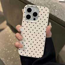 1pc Black Polka Dot UV Printed Pattern Design Leather Texture Phone Case - Antique White - View 2
