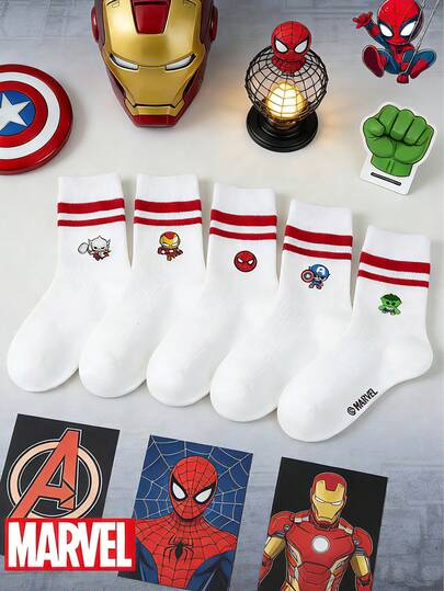  1/5 Pair Marvel Spiderman, Iron Man, Hulk, Thor Patterned Children Socks, Girls Socks, Boys Socks, Everyday Wear/Party Favor/Easter/Spring/Summer, Ruffle Socks, Red Striped White Crew Socks