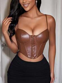 Apperloth A Y2K Style Spaghetti Strap PU Leather Front Slit Bodycon Bustier Crop Top, Suitable For Women To Wear At Christmas, Thanksgiving, New Year Parties - Brown - View 4