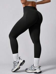 1pc Women's Solid Color Ribbed High Waist Seamless Elastic Outdoor Sports Pants Black Spring - Black - View 9