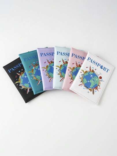 1个2026款PU材质护照夹，印有可爱卡通地图图案，可折叠，带信用卡槽和文件收纳功能，男女通用，旅行必备，适合出国旅行、度假和返校季使用。