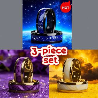 Hot-Selling 3pcs Starry Sky Marble Pattern Ring Set, Unisex Stainless Steel Rings, Versatile Everyday Jewelry, Romantic Anniversary Gift For Couples