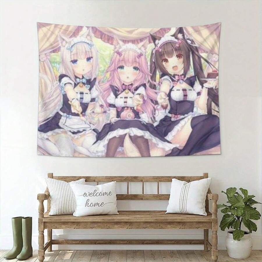 [ZLIENSZUS Anime Tapestry] ZLIENSZUS Nekopara Anime Wall Hanging Tapestry - A3 Size Soft Peach Light Beige Fabric, No Electricity Needed, Calming Maid Cat Girl Art For Office, Study, Bedroom, Camping & Travel Decor - Machine Washable Gift For Anime Fans, - 白色 - 查看 1