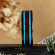 8毫米时尚黑色不锈钢戒指，镶嵌合成绿松石和木纹，独特叠戴戒指，扁平造型，佩戴舒适，珠宝礼品 - 雙邊綠松石木紋 - 查看 5