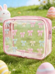 New Transparent Pink Bow Makeup Bag, Travel Storage Bag - PVC Transparent Toiletry Bag, Travel Essential, Portable Zipper Travel Toiletry Bag, PVC Makeup Bag, Large Capacity, Transparent Toiletry Bag, Waterproof Storage Bag, Back To School Essential - Multicolor - View 6
