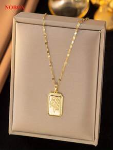 1pc Gold Stainless Steel Chain Necklace With Engraved Square Pendant, Creative Personalized Design, Luxury Retro Unisex Minimalist Fashion Necklace, Suitable For Daily, Commute, Holiday Party Wear (OPP Bag Packaging) - Gold - View 1