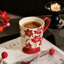 Retro Festive Cotton Flower Pattern Ceramic Mug, High-Quality Red Atmosphere Coffee/Tea Cup, Household & Office Couple Mugs, Great Gift For Holidays - Red - View 12