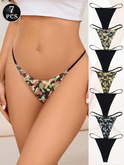 7 Pcs Sexy Camouflage Print Mix Color Thongs Low Rise Soft G Strings No Show Panties Breathable T Back Underpants No Panty Line Knickers For Ladies Everyday Wear Women's Underwear & Lingerie