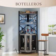 Muebles de cocina, vinoteca con luces LED, barra de bar para el hogar, con toma de corriente, botellero de cinco niveles para copas de vino, mueble de almacenaje, ideal para comedores, salas de estar y despachos - Gris - Ver 11