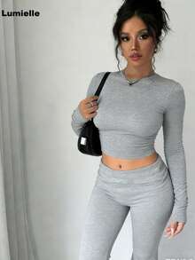 Lumielle Women's Solid Color Round Neck Long Sleeve Cropped T-Shirt And Flare Pants Casual 2-Piece Set - 灰色 - 查看 6