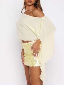 Women Y2k Sheer Chiffon Poncho Top Double-Layer Solid Color Off Shoulder Asymmetrical Shrug Flowy Shawl Wraps See Through Ruffle Vacation Beach Cover Ups - Vàng nhạt - Xem 7