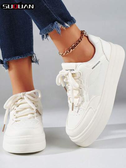 2026新款女士奶油白绳带厚底运动鞋，柔软设计，舒适增高，百搭日常休闲及温柔风格穿搭