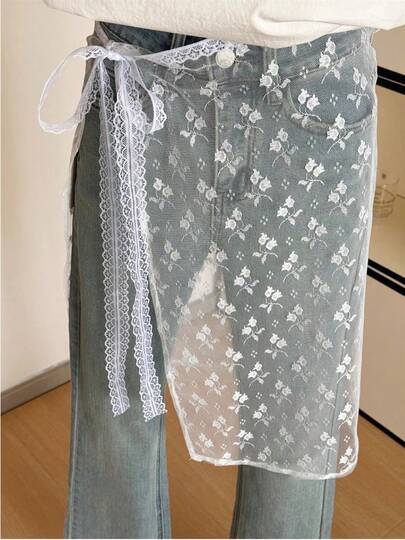 1pc Korean Design Fashionable Lace Embroidered Floral, Mesh Polka Dot Skirt, Spring New Arrival, Layered Lace Skirt With Tulle Hem Accessory