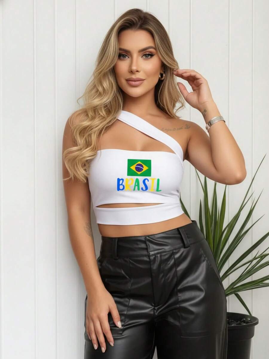 Cropped Top, Blouse, Brazil, BrazilCore, , World Cup, , Headband, Straps, Blogger, Elegant, Versatile - White - View 1