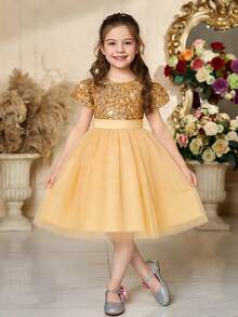 Young Girls Round Neck Sequin Mesh Elegant Tulle Princess Dress, Suitable For Flower Girl, Wedding, Party, Does Not Include Headband - Champagne - View 2