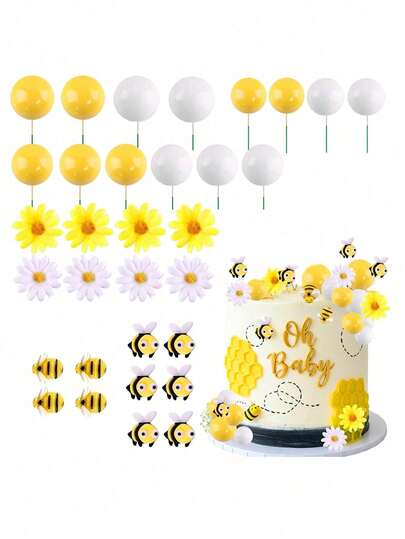 1 Set Bee & Daisy Cake Decorations, Including Bees, Daisies, And Yellow & White Spherical Cake Decorations, Suitable For Cupcake Decorations, Bee-Themed Birthday Cake Decorations, And Gender Reveal Party Cakes