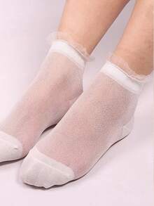 1双女士银色亮片蕾丝网眼短袜，薄款时尚休闲袜，适合春夏穿着 - 彩色 - 查看 9