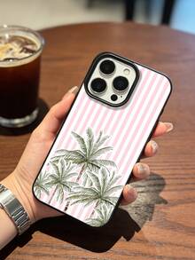 1PC+Compatible With IPhone 17/16 Pro Max/15 Plus/14 Pro+Fresh Vacation+Lychee Pattern Material+Phone Protective Case+Ins Seaside Style+Pink And White Stripes+Palm Tree Pattern+All Inclusive Anti Fall+Precise Hole Position - Black - View 2
