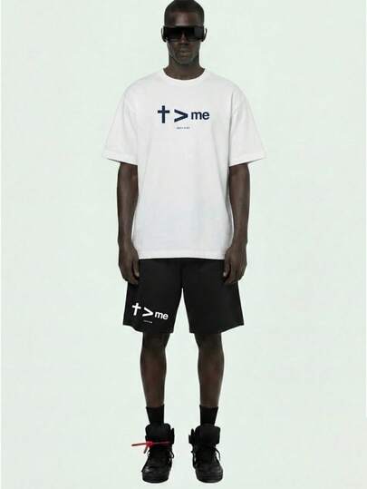 男士休闲印花圆领短袖T恤和抽绳腰短裤套装