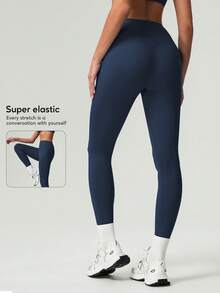 Women's Solid Color Front Seam Deep V Waist Tight Yoga Leggings For Running & Outdoor Sports Spring - Navy Blue - View 2
