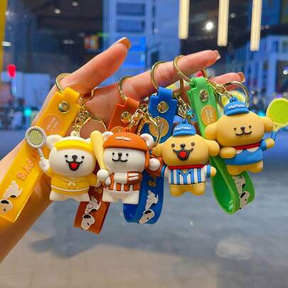 羽毛球运动卡通线条艺术小狗钥匙扣，可爱娃娃包挂饰，纪念小礼物