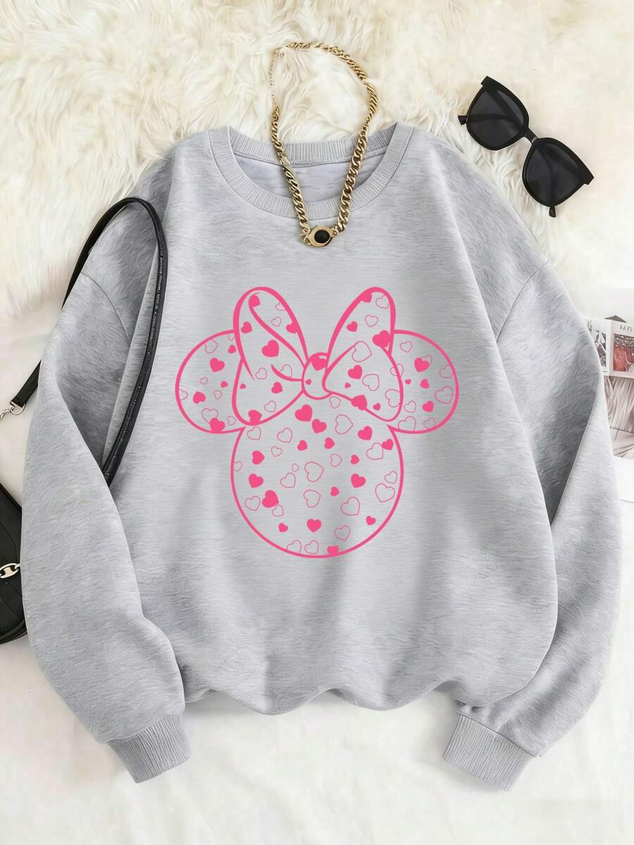 1pc Disney Valentine's Day Minnie Mouse Heart-Patterned Ear & Bow Graphic Tween Girls Cute Sweatshirt - Soft & Versatile, Ideal For Daily Wear & Valentine's Celebrations - 灰色 - 查看 1