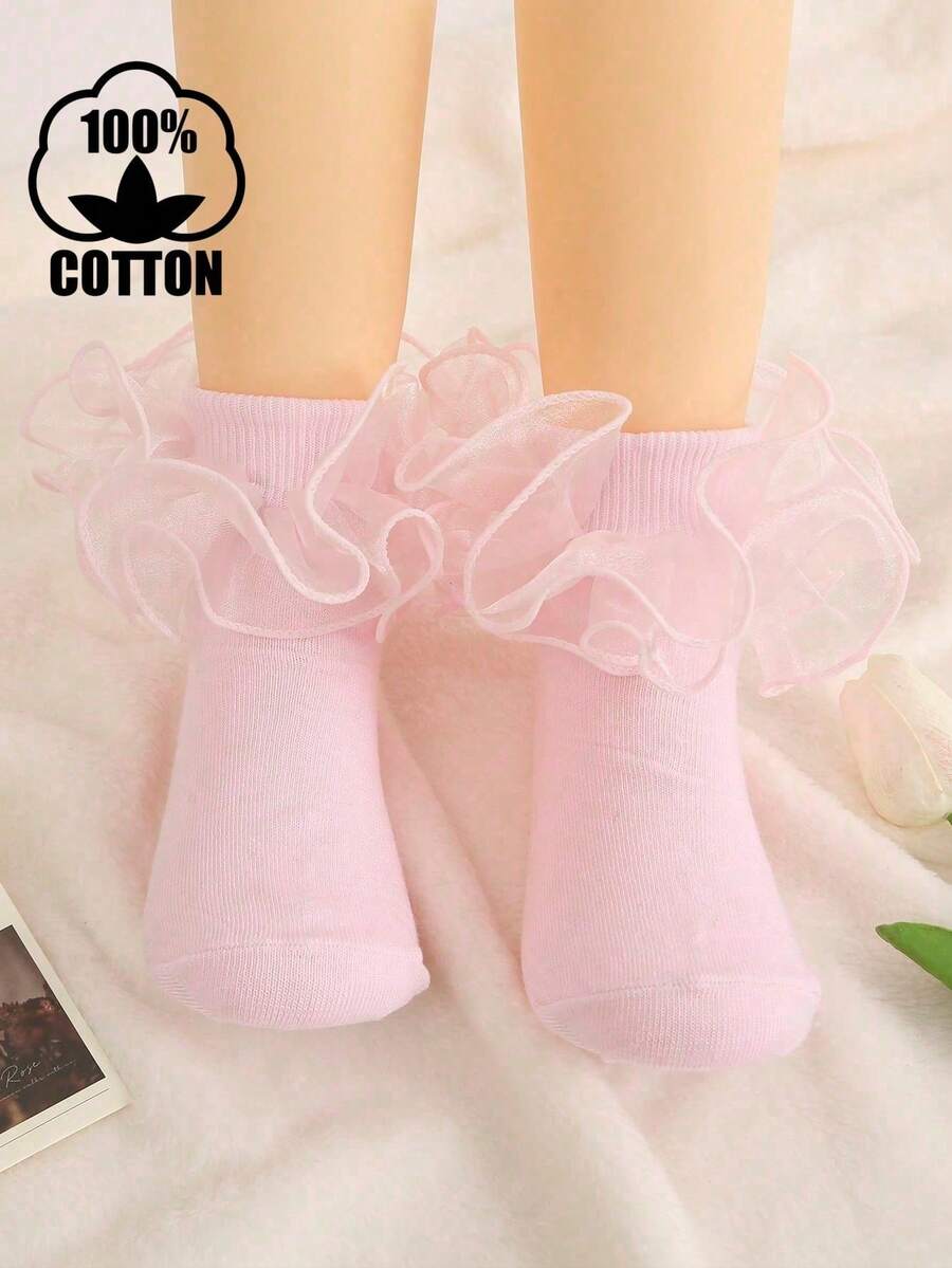 1 par de calcetines cortos de algodón para niños pequeños de todas las estaciones, unicolor con encaje y volantes, calcetines de baile, calcetines de princesa para bebé - Rosa - Ver 1