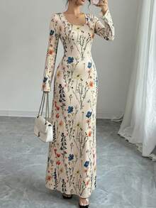 时尚U领露背系带长袖连衣裙，春假优雅之选 - 杏色 - 查看 4