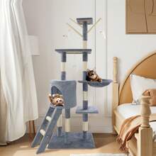 7Sevenjokers Multi-Tiered Large Cat Scratching Post, Height 139cm | Cat House With Platform And Hammock-Style Cat Bed | Activity Centre Featuring Four Sisal Scratching Posts | Light Grey Indoor Kitten Toy Tower - Cây leo cho mèo màu xám, cao 139cm. - Xem 6