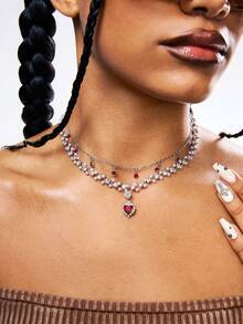 1 件时尚波西米亚风格红色心形仿珍珠双层项链，优雅高端感觉链条适合女性日常佩戴（手工链条按长度剪裁，未指定小吊坠数量） - 紅色 - 查看 5