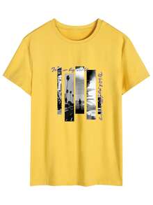 Kaos Kasual Pria Lengan Pendek Leher Bulat Motif Pemandangan & Huruf yang Modis dan Serbaguna, Musim Panas - Kuning - View 2
